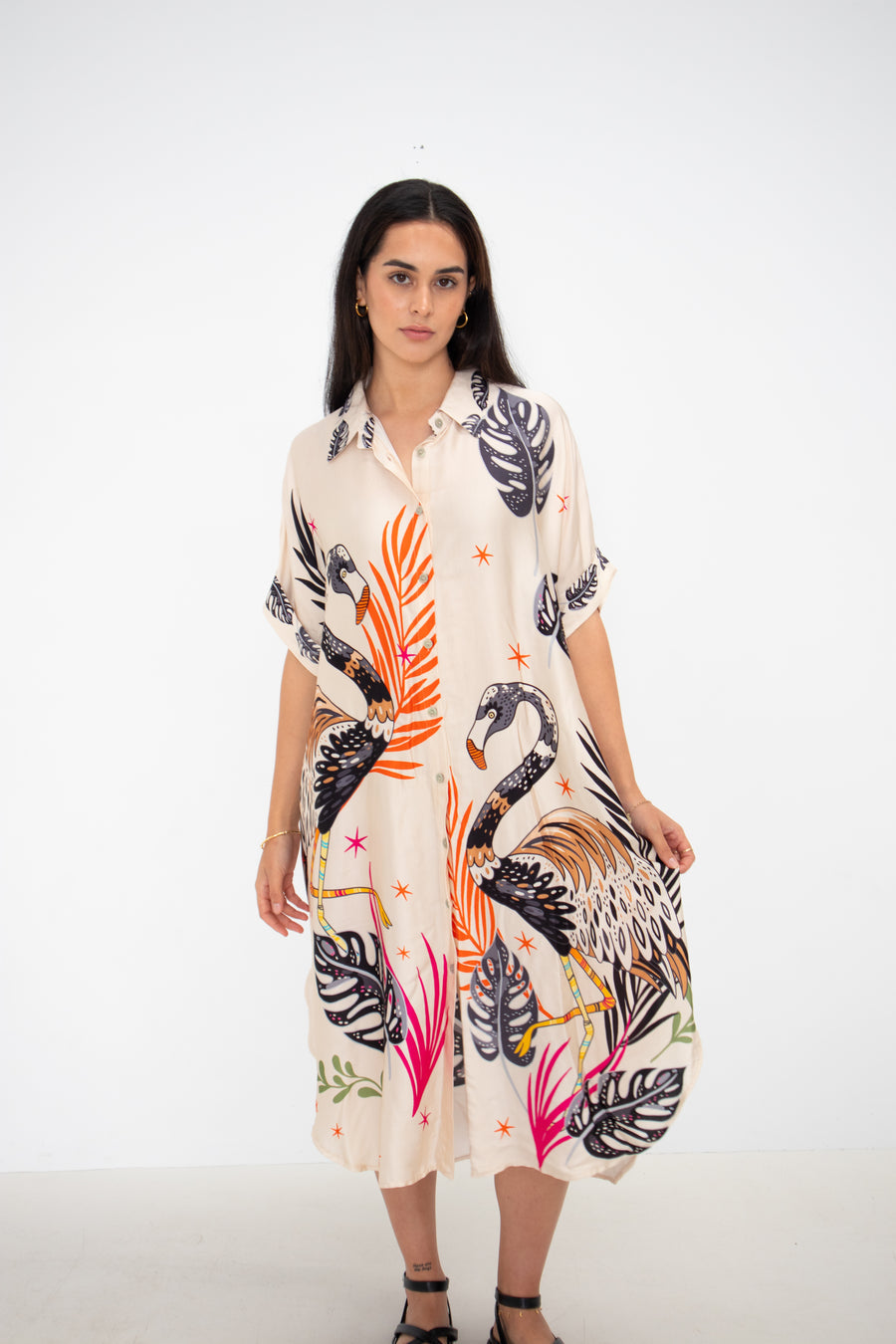 Cream Flamingo Printed Belgium Silk Tunic Shirt Dress